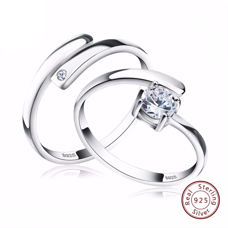 Silver Diamond Cut & Rhinestone Couple Ring