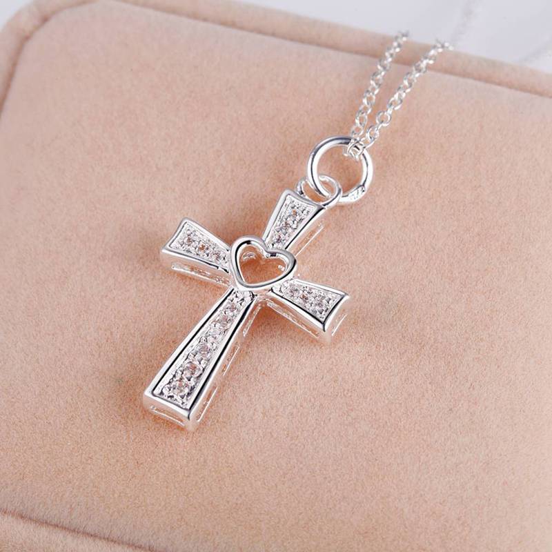 Silver Cross with Heart Pendant Necklace