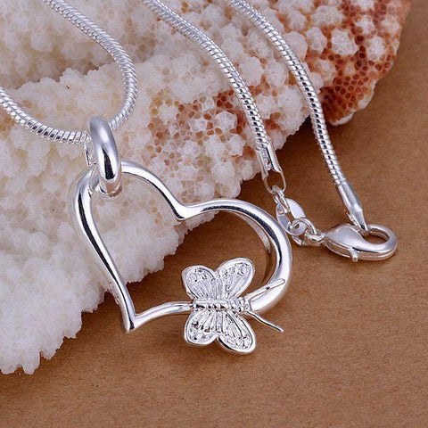 Lovely Butterfly on Heart Pendant Necklace
